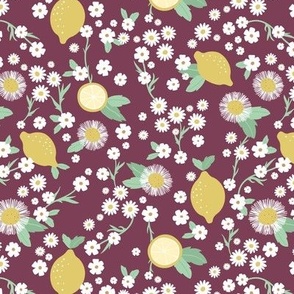 Lemon garden en chamomile blossom and sunflowers summer citrus fruit design mustard green on burgundy 