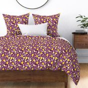 Lush leafy citrus garden lemons and berries with daisies summer blossom colorful kids design yellow rose on burgundy 