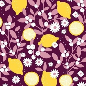 Lush leafy citrus garden lemons and berries with daisies summer blossom colorful kids design yellow rose on burgundy 