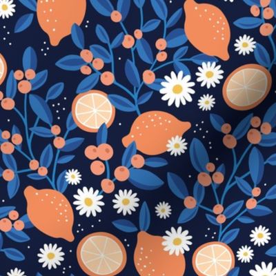 Lush leafy citrus garden oranges and berries with daisies summer blossom colorful kids design orange classic blue on navy 