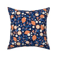 Lush leafy citrus garden oranges and berries with daisies summer blossom colorful kids design orange classic blue on navy 