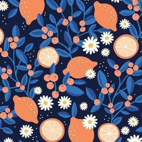 Lush leafy citrus garden oranges and berries with daisies summer blossom colorful kids design orange classic blue on navy 