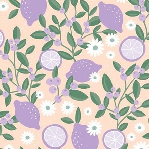 Lush leafy citrus garden lemons and berries with daisies summer blossom colorful kids design lilac purple blush sage green 