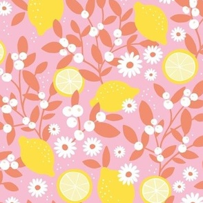 Lush leafy citrus garden lemons and berries with daisies summer blossom colorful kids design lilac yellow pink coral orange 