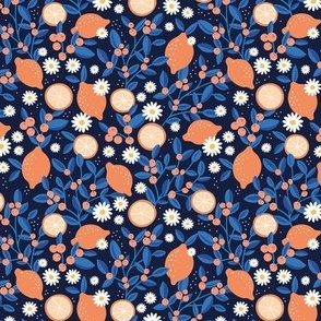 Lush leafy citrus garden oranges and berries with daisies summer blossom colorful kids design orange classic blue on navy SMALL