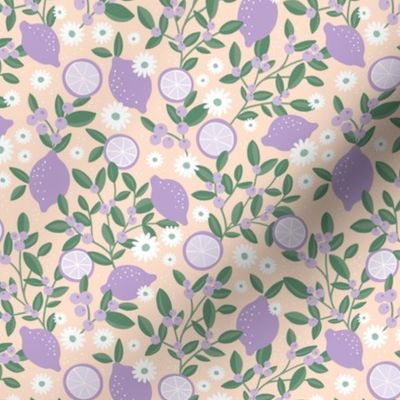 Lush leafy citrus garden lemons and berries with daisies summer blossom colorful kids design lilac purple blush sage green SMALL 