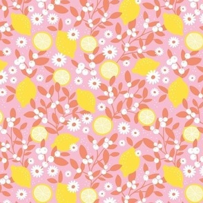 Lush leafy citrus garden lemons and berries with daisies summer blossom colorful kids design lilac yellow pink coral orange SMALL