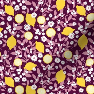 Lush leafy citrus garden lemons and berries with daisies summer blossom colorful kids design yellow rose on burgundy SMALL