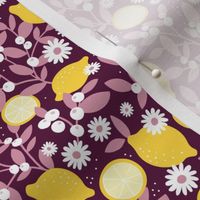 Lush leafy citrus garden lemons and berries with daisies summer blossom colorful kids design yellow rose on burgundy SMALL