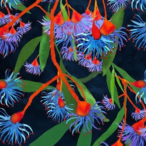 Watercolor eucalyptus bloom orange flowers green leaves blue background - Large scale 