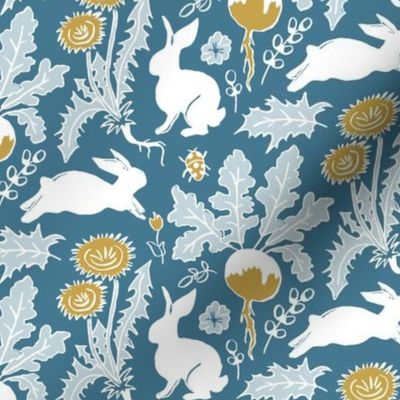 white rabbits and vegetables on teal blue | tiny
