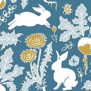 white rabbits and vegetables on teal blue | small