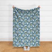 white rabbits and vegetables on teal blue | medium