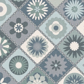 Retro Diagonal Floral Ivory Grey Green