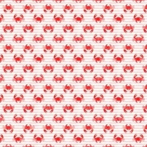 (micro scale) crabs - red on pink stripes - summer nautical watercolor fabric C22