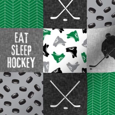 (3" scale) Eat Sleep Hockey - Ice Hockey Patchwork - Hockey Nursery - Wholecloth green, black, and grey - C22
