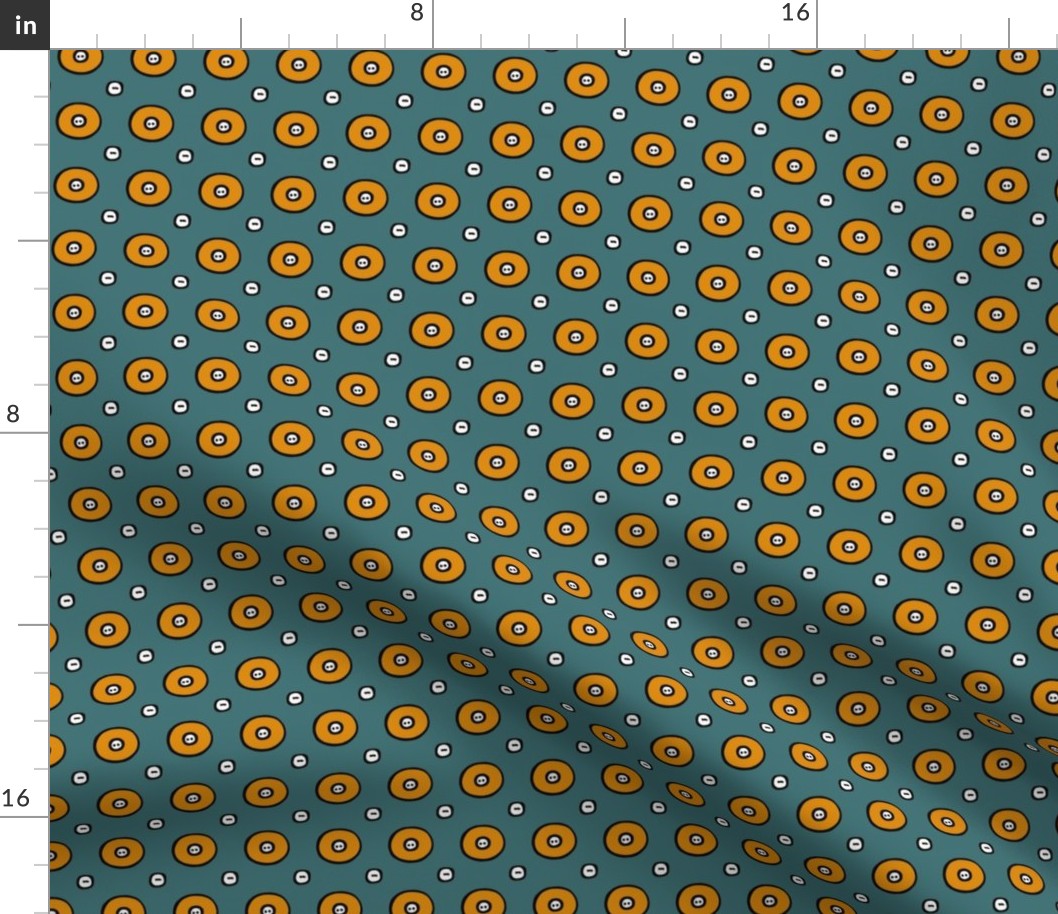 Lots of round orange buttons on   aqua green -small