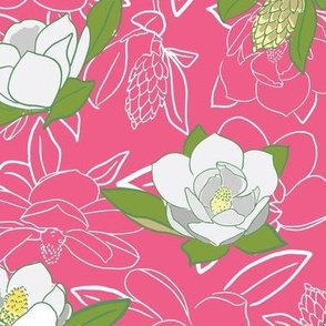 Southern magnolias on bright pink background