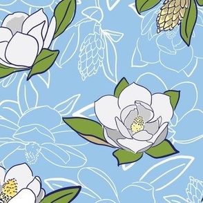 Southern magnolias on light blue background