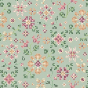 Cross Stitch Flowers Fabric, Wallpaper and Home Decor | Spoonflower