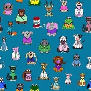 Adorable Hand Drawn Animals in Medical Scrubs and Lab Coats on a deep Turquoise Blue Background