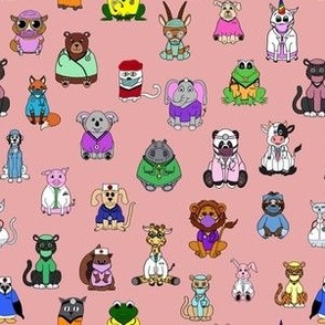 Adorable Hand Drawn Animals in Medical Scrubs and Lab Coats on a{ Coral Background