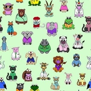 Adorable Hand Drawn Animals in Medical Scrubs and Lab Coats on a Light Lime Background