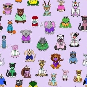 Adorable Hand Drawn Animals in Medical Scrubs and Lab Coats on a Lilac Background