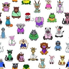 Adorable Hand Drawn Animals in Medical Scrubs and Lab Coats on a White Background