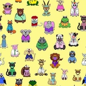 Adorable Hand Drawn Animals in Medical Scrubs and Lab Coats on a Yellow Background