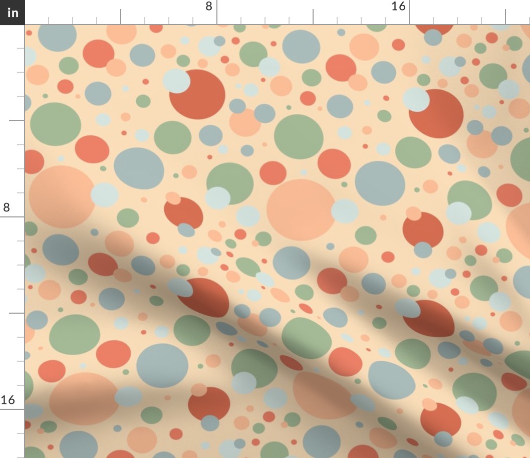 Blue, green, and orange circles on a peach background 