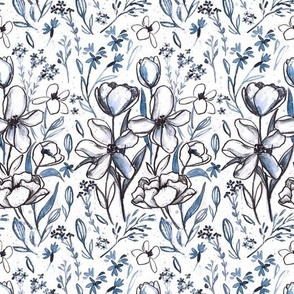 charcoal + indigo floral watercolor pattern with tulips, peonies, and wildflowers