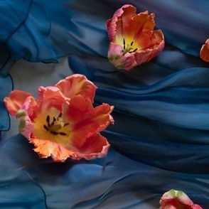 12x17-Inch Repeat of Apricot Parrot Tulips on Blue Silk Background