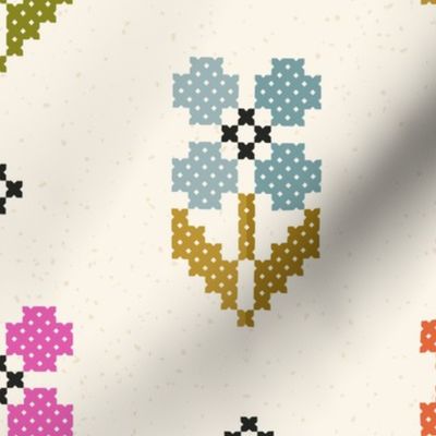 Cross Stitch Blossoms // Multi on White // medium scale