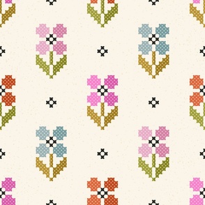 Cross Stitch Blossoms // Multi on White // medium scale