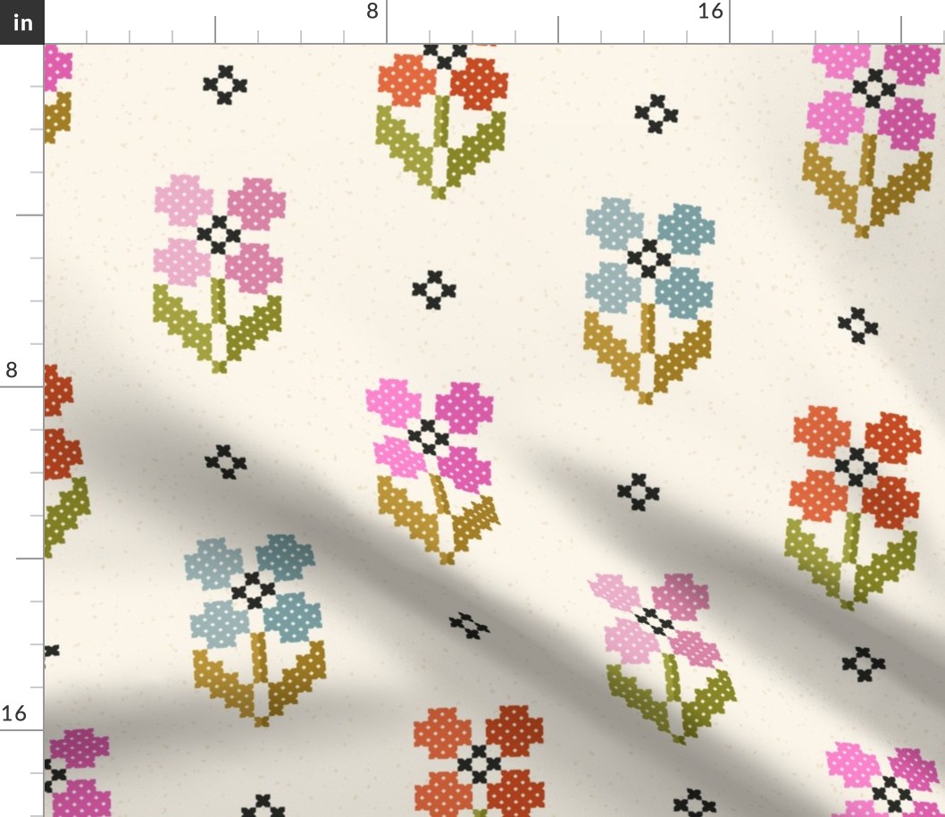 Cross Stitch Blossoms // Multi on White // medium scale