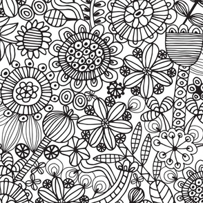Coloring Book Exotic Doodle Flowers Line Drawing in Black and White - LARGE Scale - UnBlink Studio by Jackie Tahara