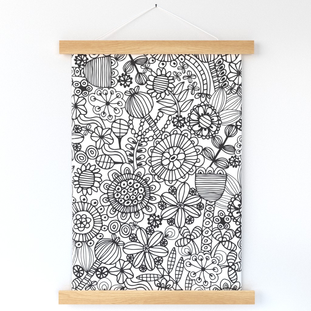 Coloring Book Exotic Doodle Flowers Line Drawing in Black and White - MEDIUM Scale - UnBlink Studio by Jackie Tahara