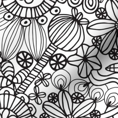 Coloring Book Exotic Doodle Flowers Line Drawing in Black and White - MEDIUM Scale - UnBlink Studio by Jackie Tahara