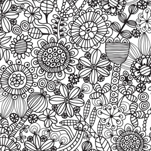Coloring Book Exotic Doodle Flowers Line Drawing in Black and White - MEDIUM Scale - UnBlink Studio by Jackie Tahara