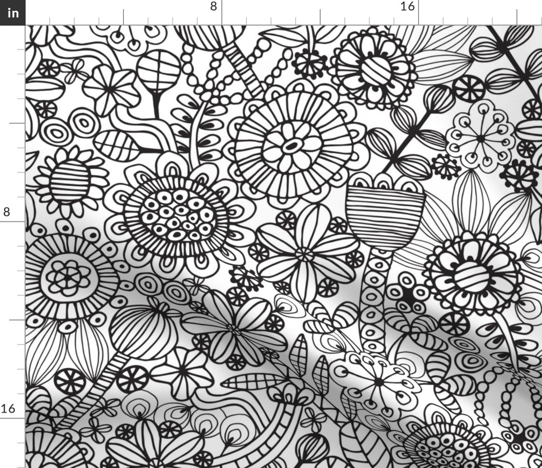 Coloring Book Exotic Doodle Flowers Line Drawing in Black and White - MEDIUM Scale - UnBlink Studio by Jackie Tahara