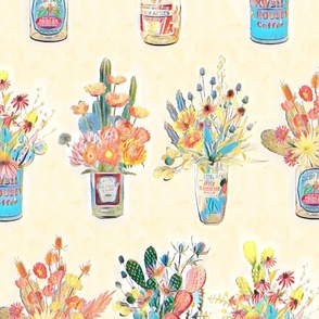 Summer Flowers and Cacti in Vintage Jars and Tins Medium Scale Version