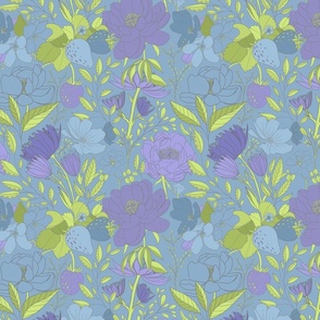 Honeydew, Lilac & Skyblue Florals on Blue