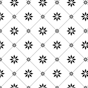 Emblem Starburst: Black and white linear diamond and geometric flower design 