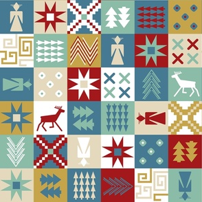 christmas inca style red and blue | 4 '' cheater quilt