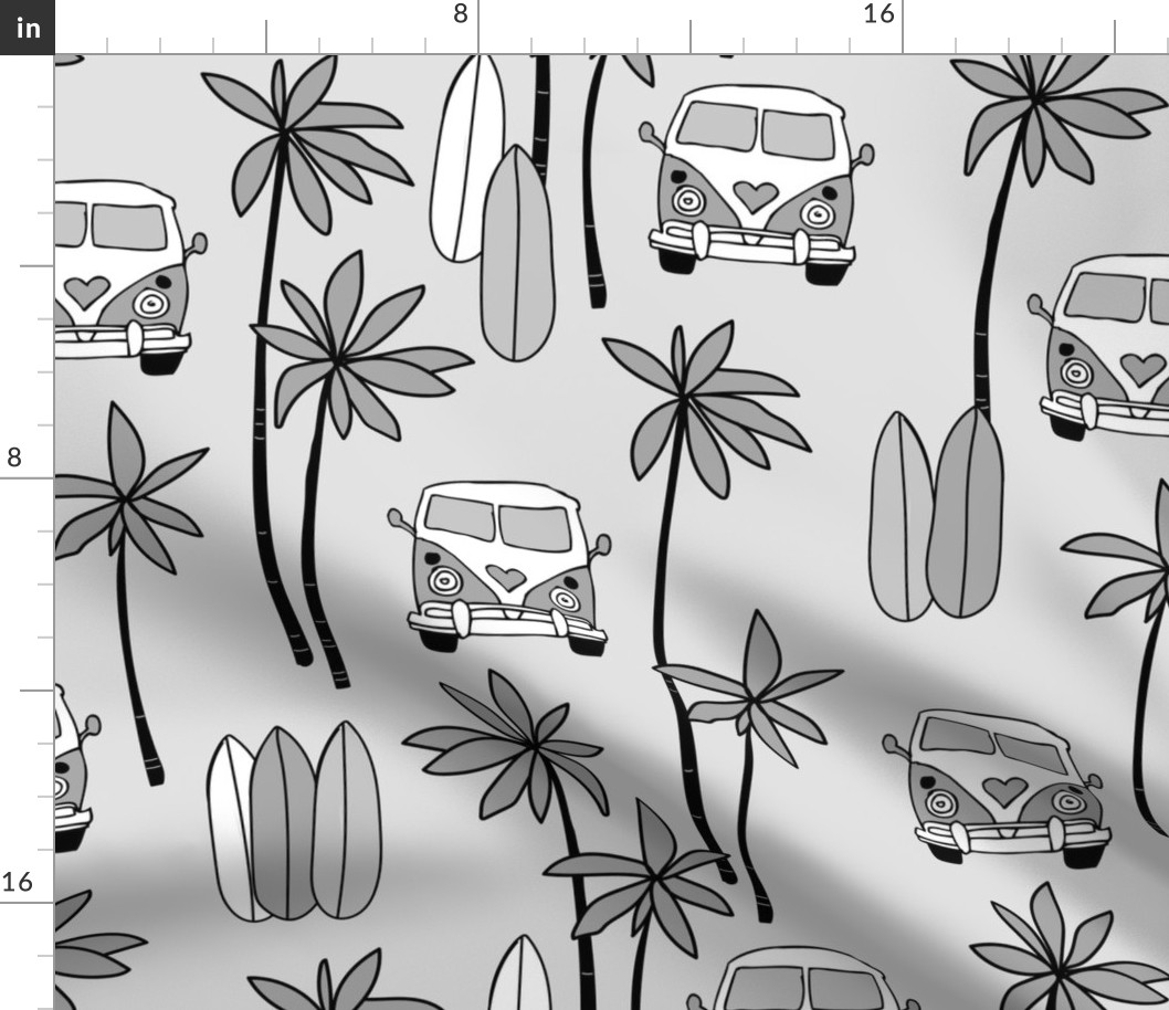 Palm tree island surfing trip summer vacation hippie van and surf boards black white gray JUMBO