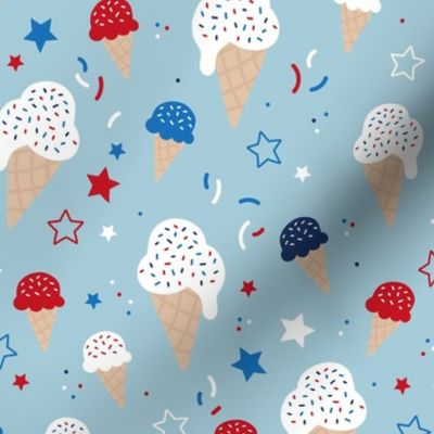 4th of July American celebration with ice-cream summer snacks stars and confetti white blue red on baby blue 