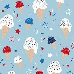 4th of July American celebration with ice-cream summer snacks stars and confetti white blue red on baby blue 