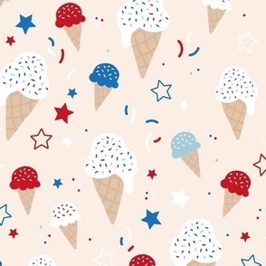4th of July American celebration with ice-cream summer snacks stars and confetti white blue red on cream blush