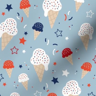 4th of July American celebration with ice-cream summer snacks stars and confetti white blue red on moody blue
